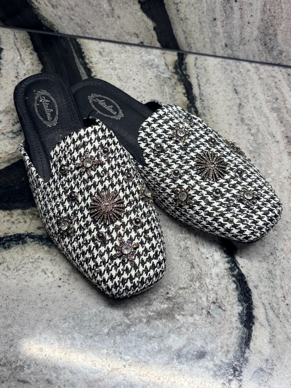 Astelina Houndstooth Embellished Mule Loafers Black White Rhinestone Womens 7.5W